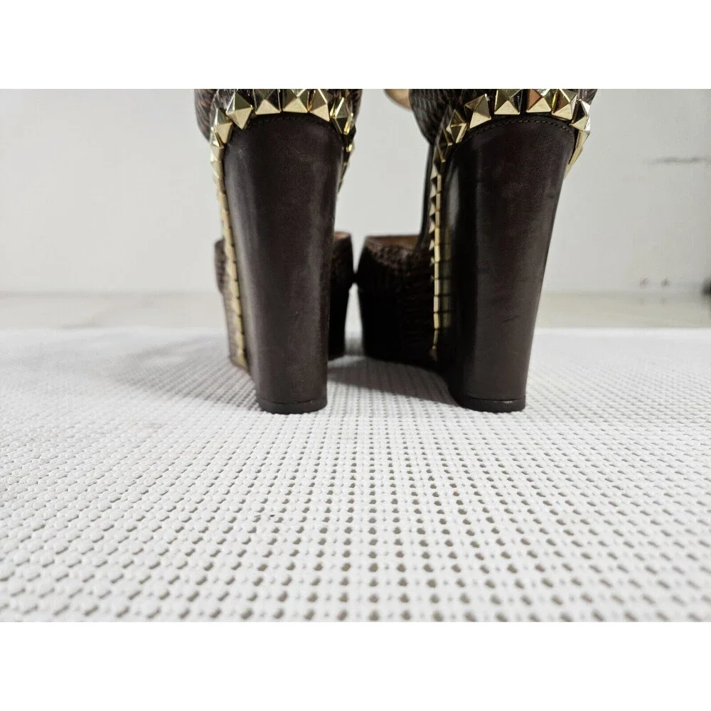 Michael Kors Brown Snake-Embossed Platform Wedge Boots with Gold Studs - Picture 6 of 12